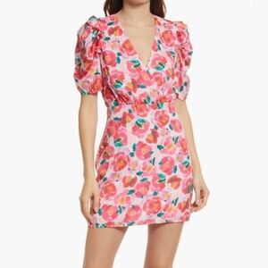 Adelyn Rae Red and Pink Sheath Midi Dress with Puff Cap Sleeves | Size XS